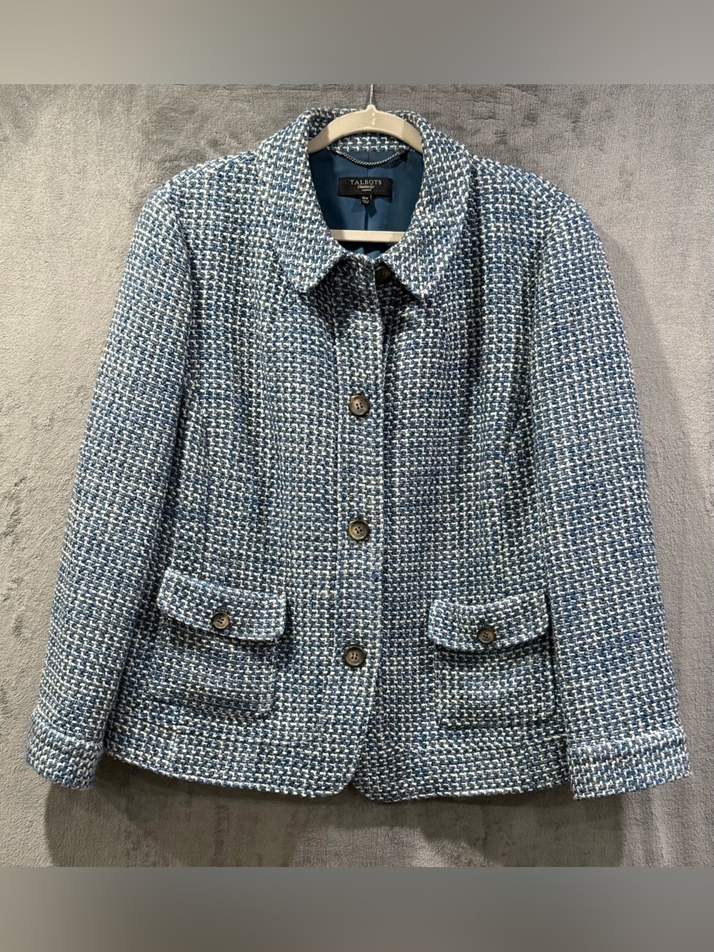 Talbots Blue/White Tweed Blazer Size 18w Lined Wool Blend Office Career Workwear